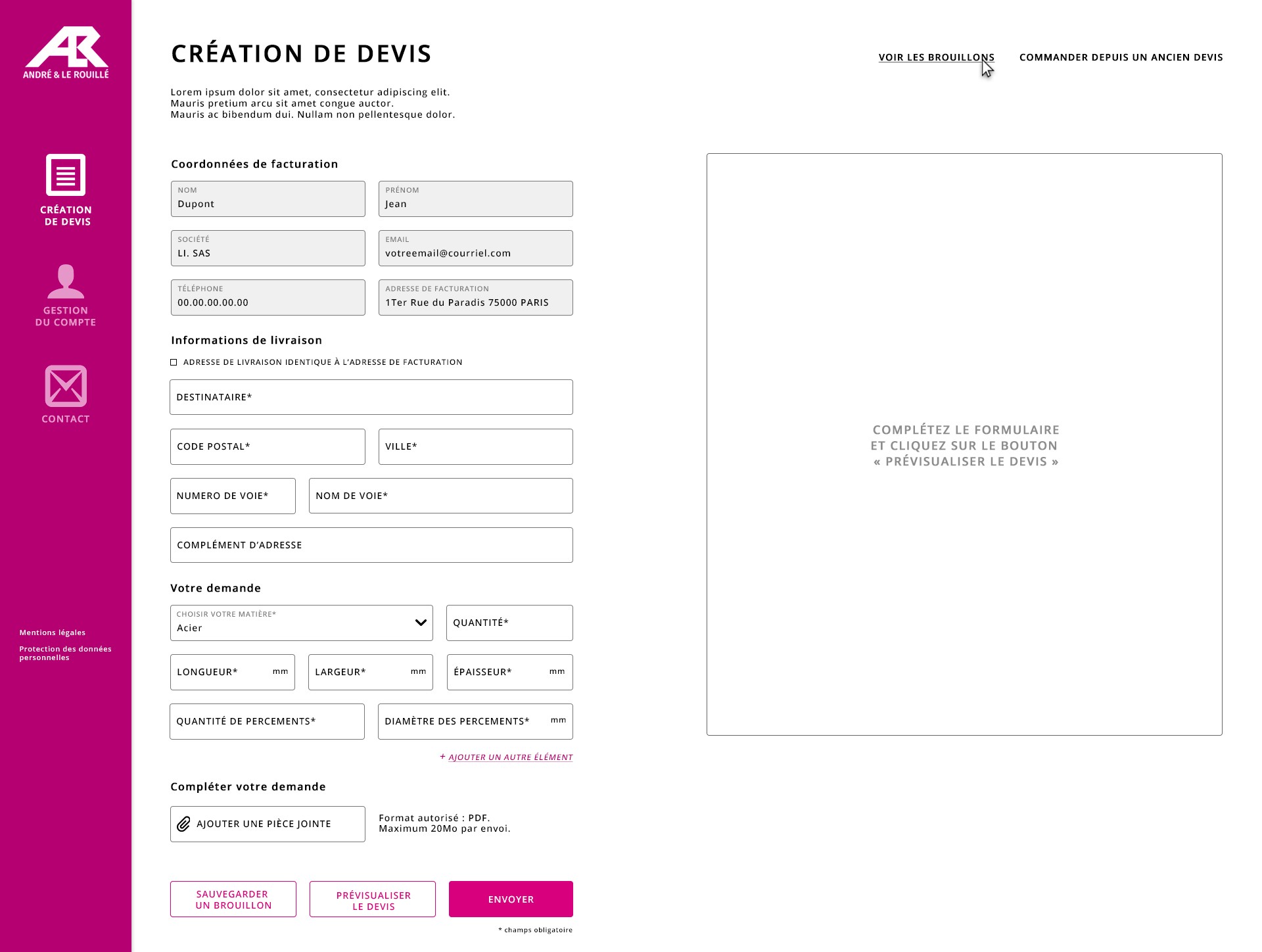 Capture d'écran de la vue utilisateur pour la création de devis - données fictives - développé par LTP Développement Web