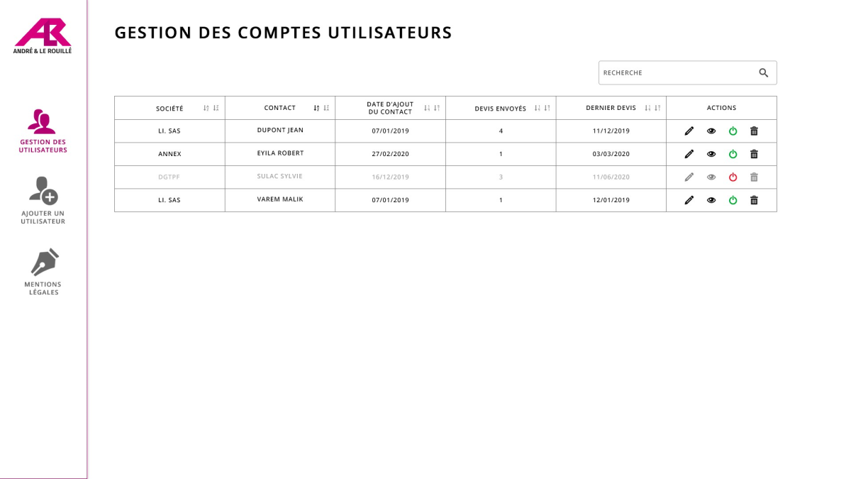 Capture d'écran de la vue administrateur accueil - données fictives - développé par LTP Développement Web