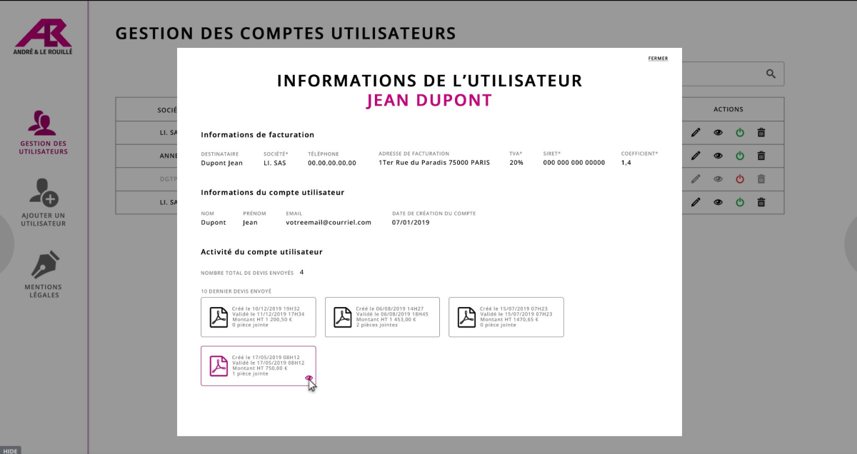 Capture d'écran de la visualisation des données utilisateur côté administrateur - données fictives - développé par LTP Développement Web