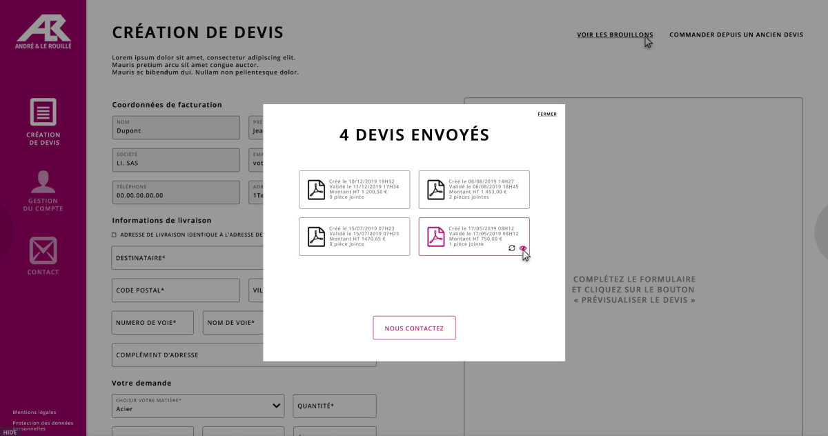 Capture d'écran de la vue utilisateur pour l'historique des devis - données fictives - développé par LTP Développement Web