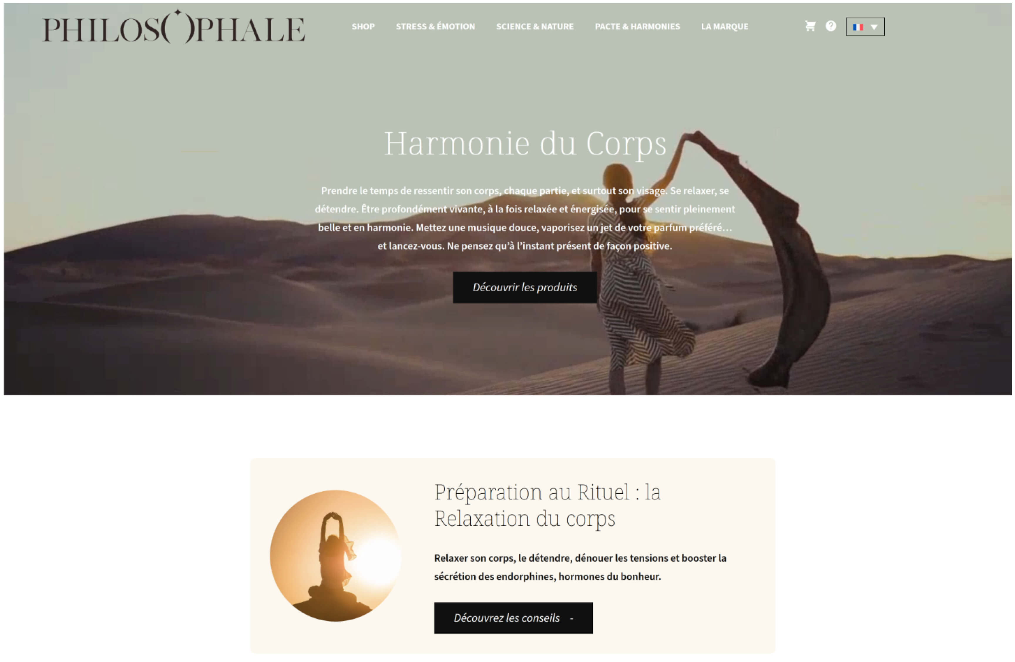 Capture d'écran de la page Harmonie du corps du site PHILOSOPHALE développé par LTP Développement Web